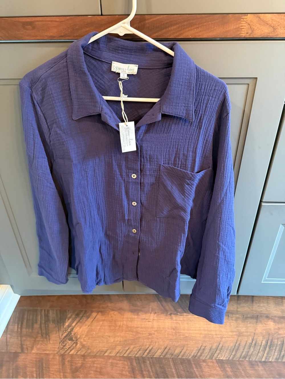 Grace & Lace Button-Front Blue Cotton Gauze Shirt